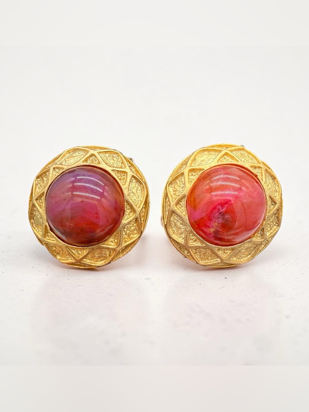 Vintage Gold-Tone Domed Earrings with Pink Swirled Cabochons